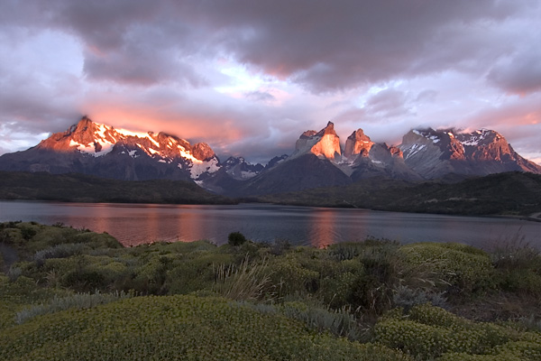 Sunrise over Lago Pehoe in Torres del Paine National Park in Patagonia, Chile - taken near Hosteria Pehoe at dawn (February 2004)