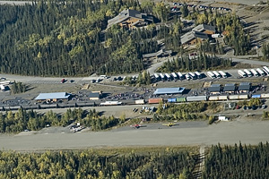 View of Denali Visitors Center, train station, parking lot and airstrip (Denali NP).